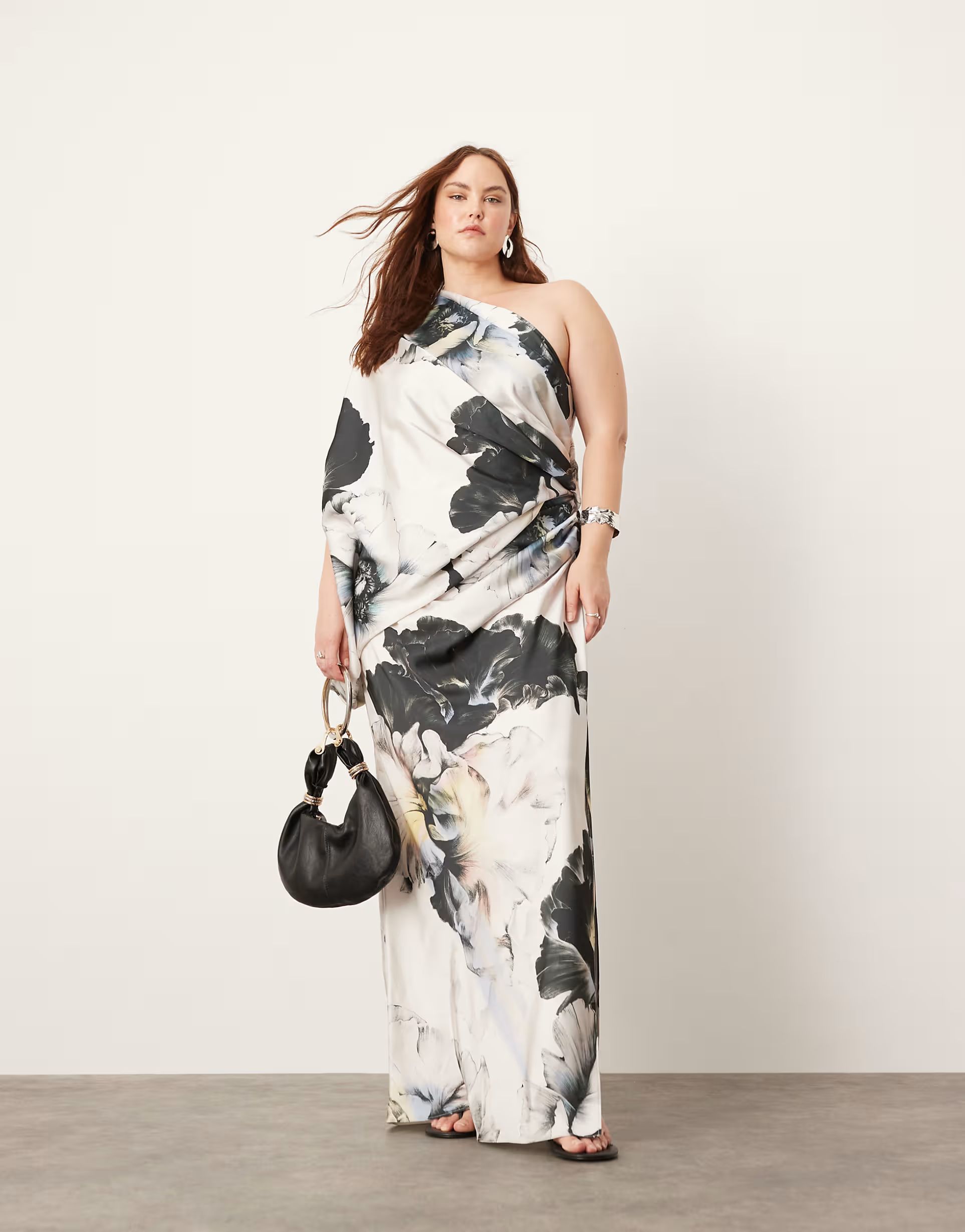 ASOS EDITION Curve satin oversized one sleeve maxi dress in large floral print | ASOS (Global)