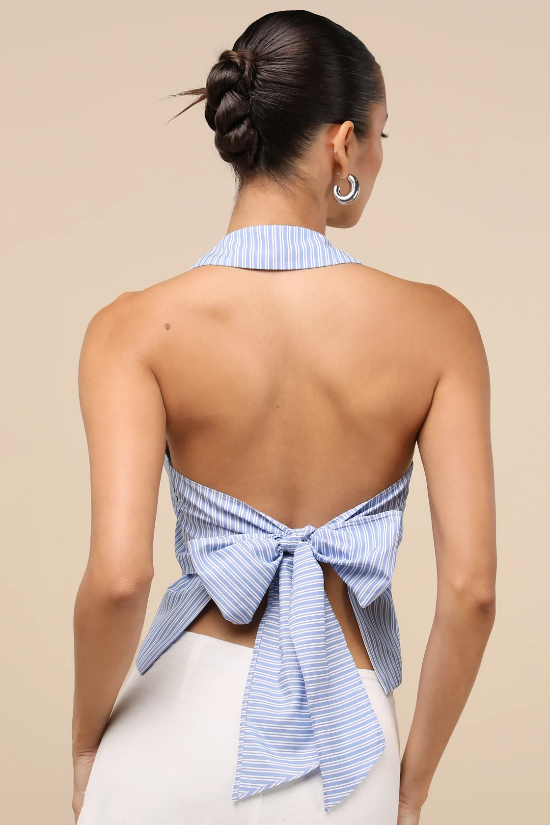 Giosetta Blue Pinstriped Button-Front Halter Top | Lulus
