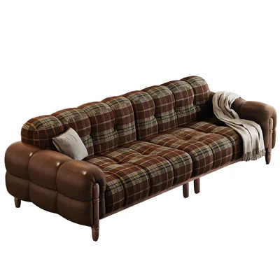 86.61" Mid-Century Modern Brown Tartan Plaid Fabric Straight Sofa | Wayfair North America