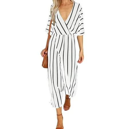 Luiryare Women Short Sleeve Striped Jumpsuit Romper Clubwear Wide Leg Pants Outfits | Walmart (US)