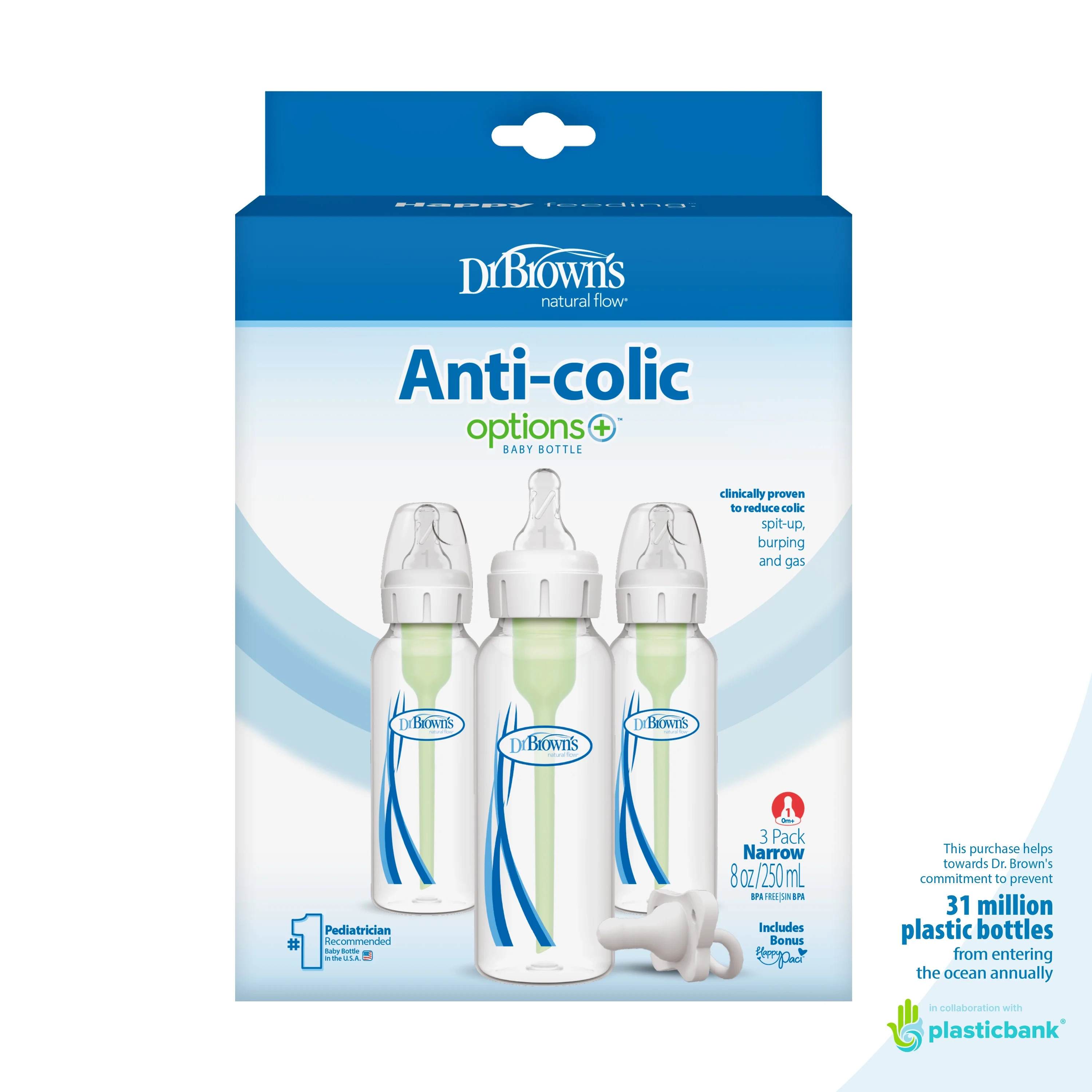 Dr. Brown's Natural Flow Anti-Colic Options+ Narrow Baby Bottle, 8oz, 3 Pack + HappyPaci | Walmart (US)