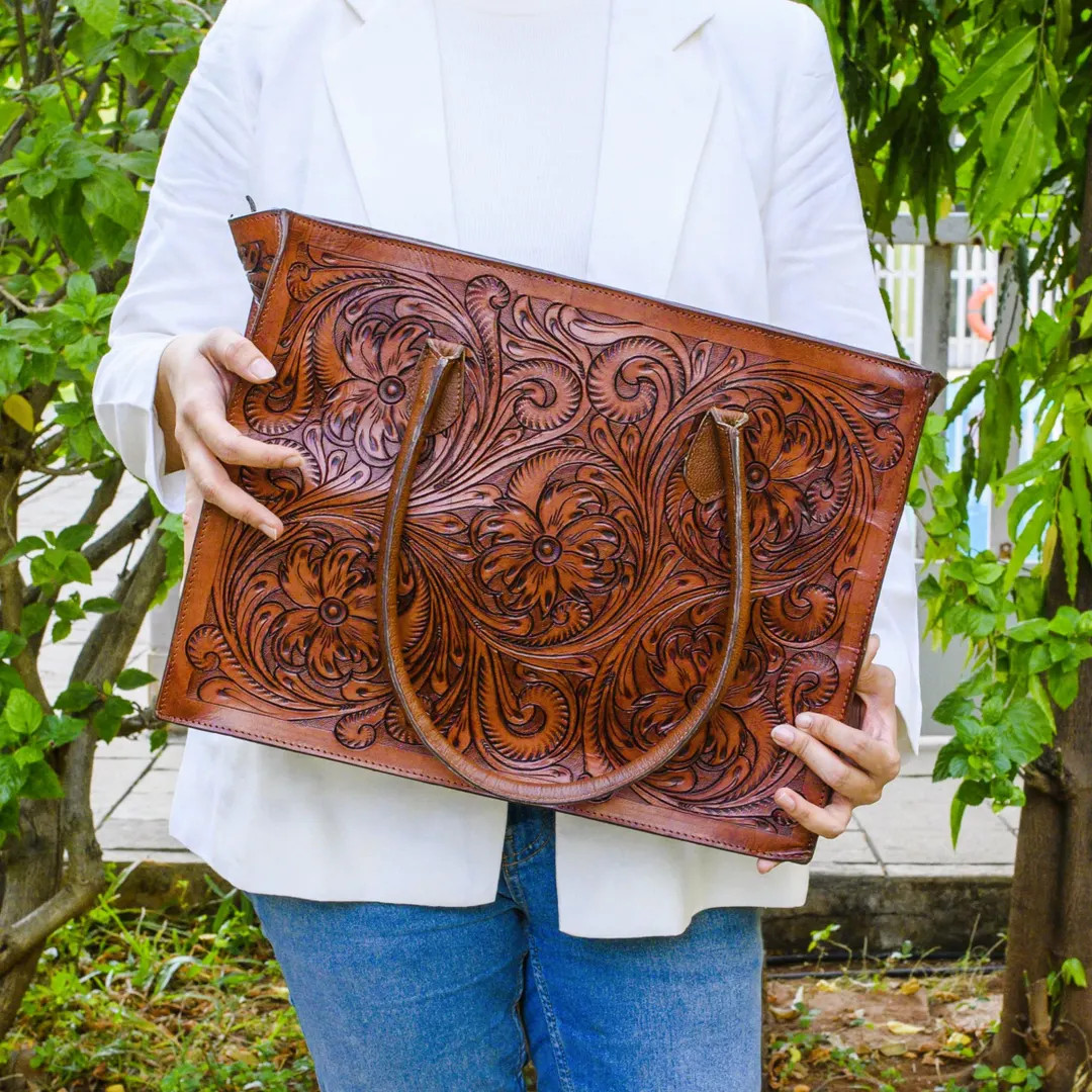 Hand Tooled Floral Brown Western Purse Hand Carved Leather Artesanal Laptop Walnut Tote - Etsy | Etsy (US)