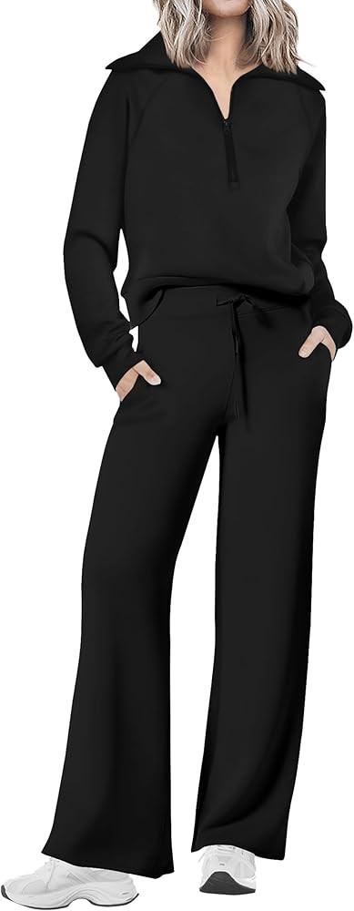 PRETTYGARDEN Women's 2 Piece Outfits Casual Lapel Half Zip Sweatshirts And Wide Leg Pants Tracksu... | Amazon (US)