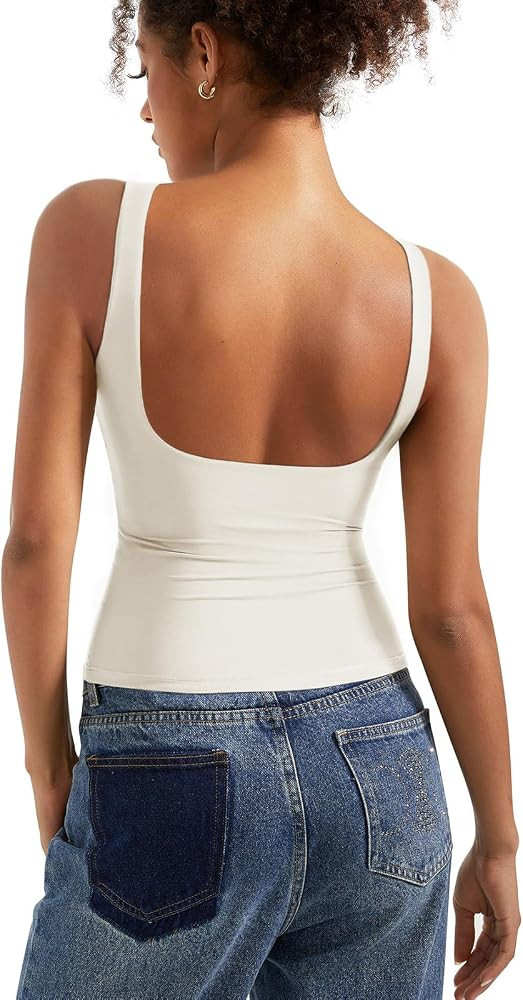 SUUKSESS Women Padded Open Back Boat Neck Tank Top Double Lined Basic Shirt | Amazon (US)