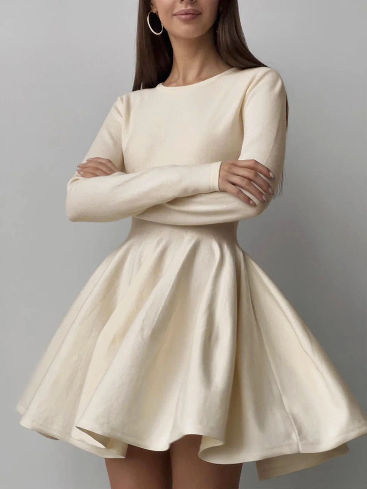 Plain Pleated Sweater Short Dress | Commense