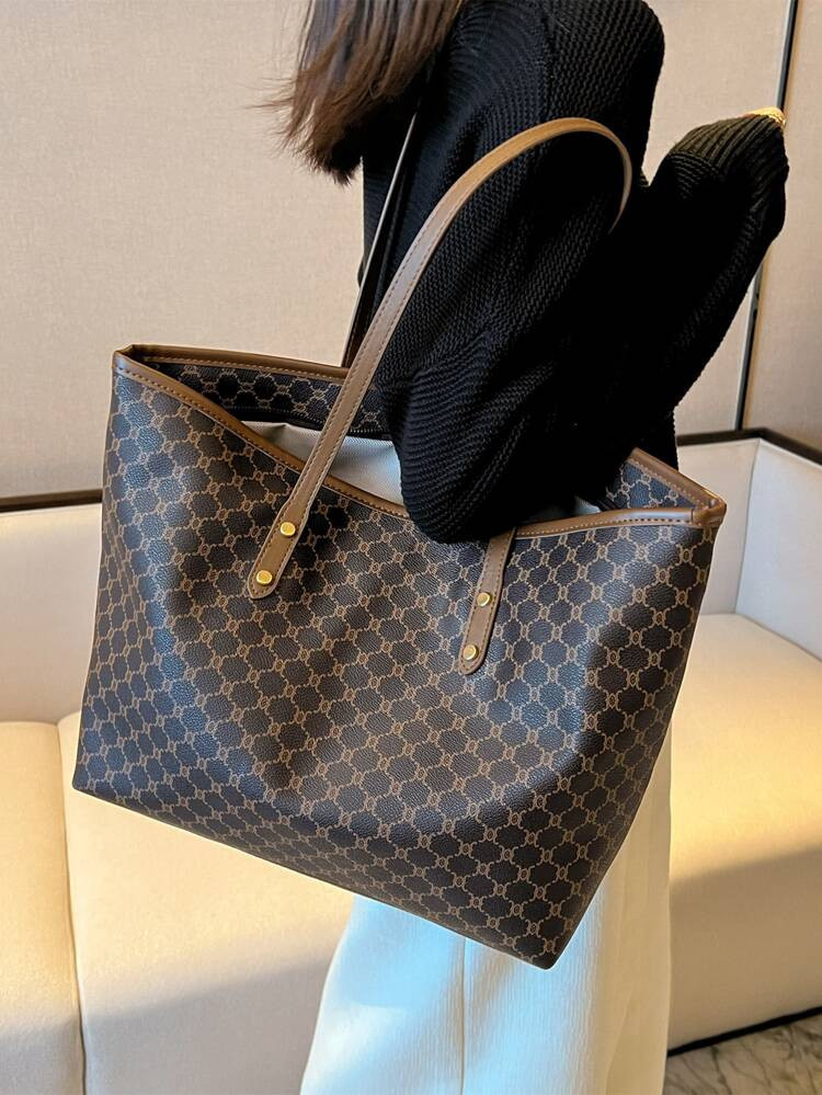 Geometric Pattern Contrast Binding Shoulder Tote Bag, Large Capacity Tote Bag For Work And Travel... | SHEIN