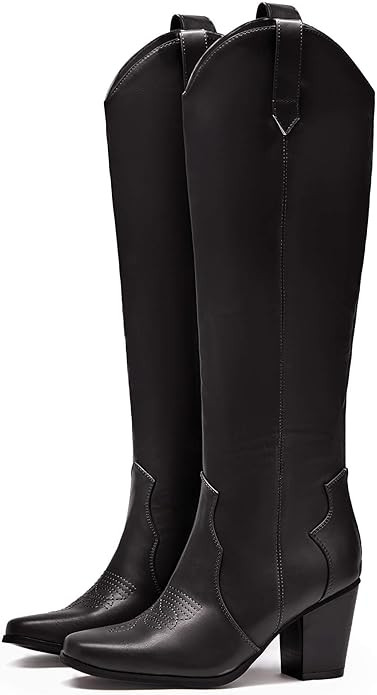 Coutgo Womens Western Cowgirl Boots Pointed Toe Mid Heel Cowboy Boots Wide Calf Back Zipper Knee ... | Amazon (US)