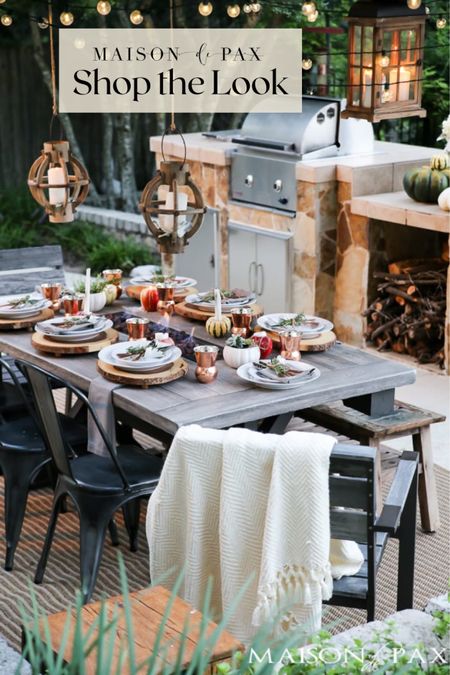 Hosting a fall outdoor dinner on the patio? Grab a few of these decor pieces to host a stunning dinner party your guests won’t forget. Metal chairs, apple candles, hanging lanterns, wood chargers, fall ambience 

#LTKSeasonal #LTKfamily #LTKhome