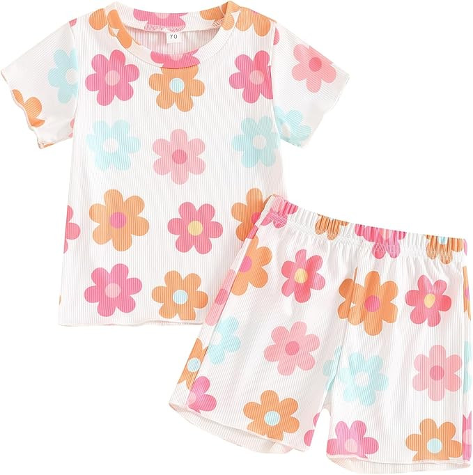 WZTYYDS Toddler Baby Girl Summer Outfits Contrast Color Short Sleeve T-Shirts Tops Shorts 2Pcs Cl... | Amazon (US)