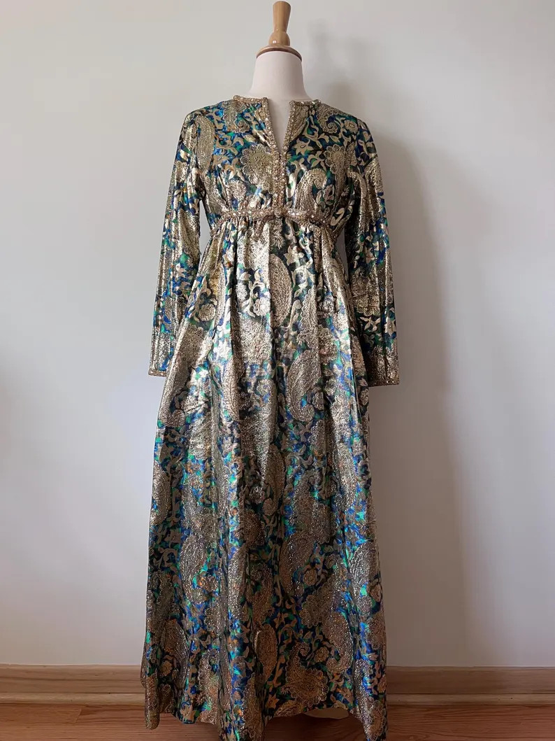 Vintage 60s Malcolm Starr designed by Rizkallah metallic and rhinestone paisley print evening dre... | Etsy (Global)