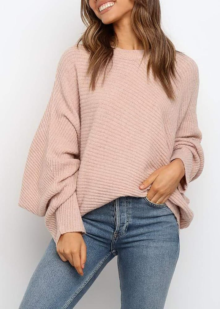 Mafulus Women's Oversized Crewneck Sweater Batwing Puff Long Sleeve Cable Slouchy Pullover Jumper To | Amazon (US)