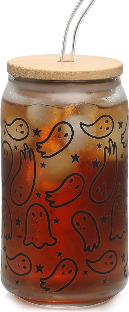 WODOHOLO Halloween Ghosts Drinking Glass Cup Gifts Spooky Pumpkin 16oz Drinking with Lid and Stra... | Amazon (US)