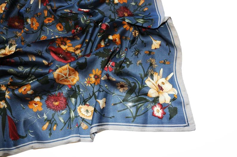 Floral Scarf Silk Blend Scarves  Blue White Scarf  Colorful | Etsy | Etsy (US)