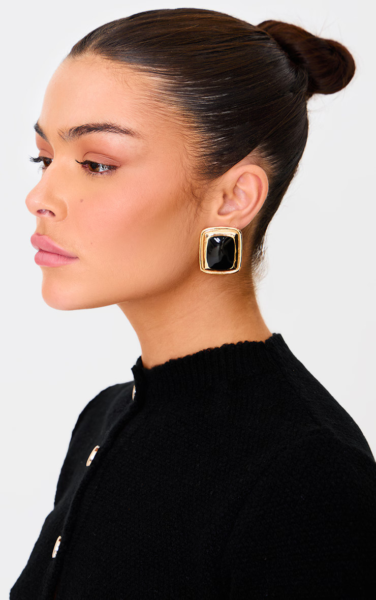 Gold Black Detail Square Stud Earrings | PrettyLittleThing UK