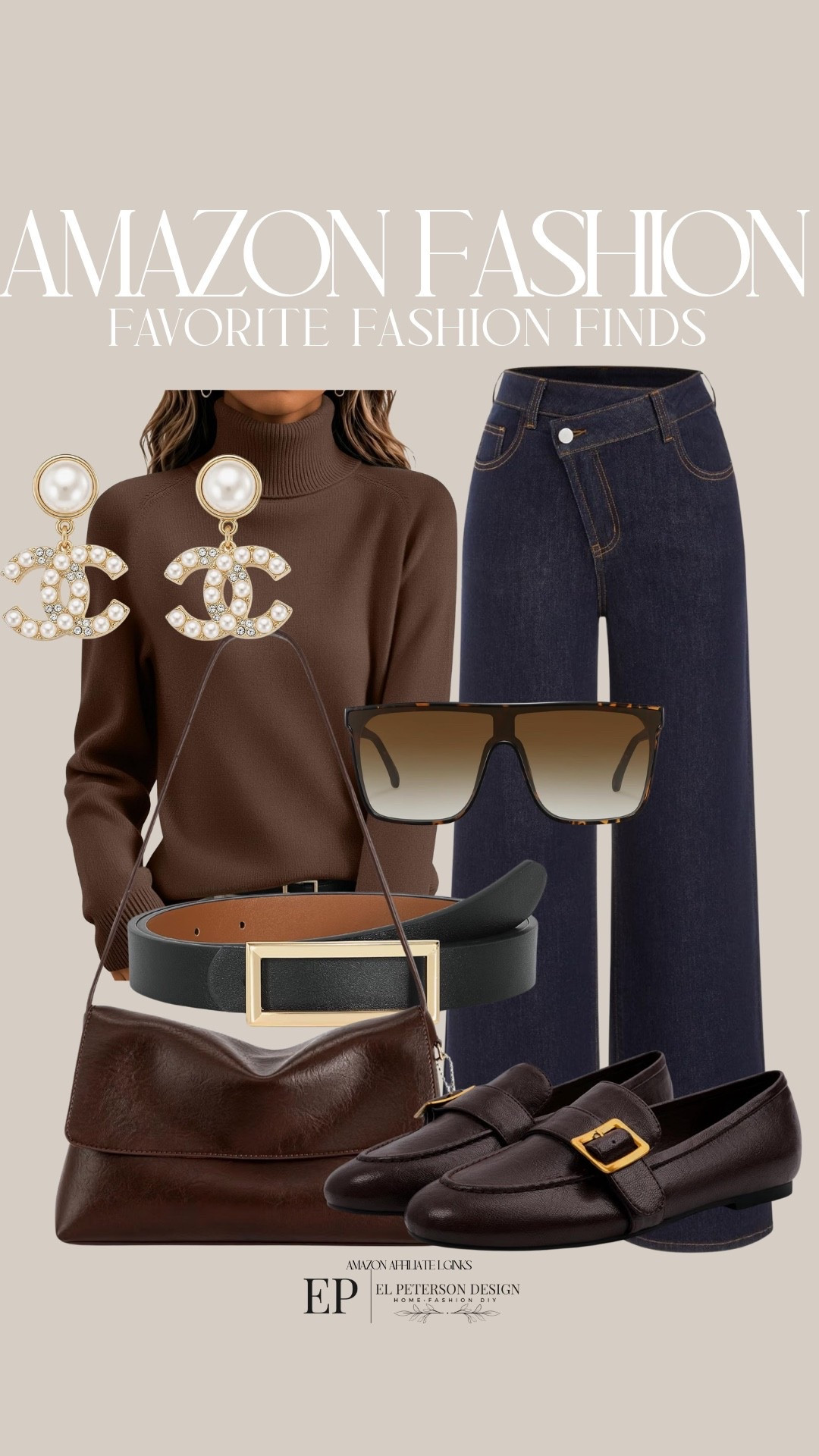 Amazon
Jeans
Turtle neck
Sunglasses
Earrings
Belt
Purse
Loafers