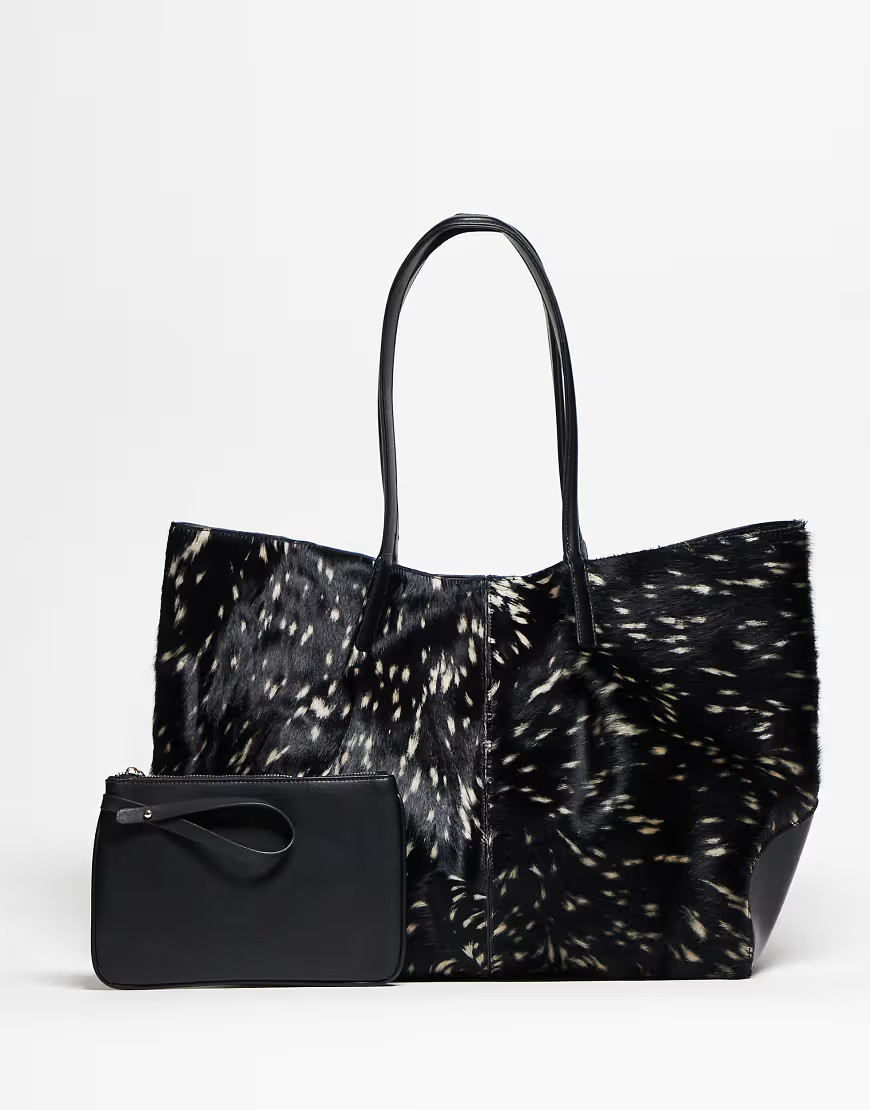 ASOS DESIGN Hair on Real Leather front panel tote bag in deer print-Multi | ASOS (Global)