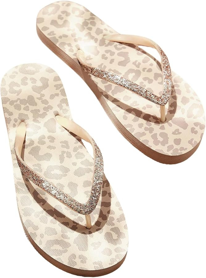 RoseSeek Women's Leopard Print Flat Shoes Glitter Sequin Flip Flops Thong Sandals Vacation Beach ... | Amazon (US)