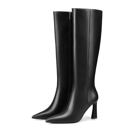 Adrizzlein Black Knee High Boots Women Pointed Toe Chunky High Heel Long Boots Side Zipper Dress Tall Boots Size 9.5 | Amazon (US)