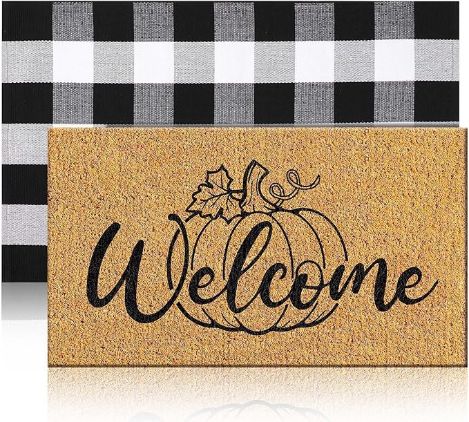 Duraaamo 2 Pcs Fall Coir Door Mat Outdoor Pumpkin Welcome Doormat Fall Layered Buffalo Black and ... | Amazon (US)