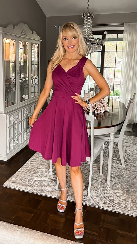 A-Line tank style wrap wedding guest dress from Amazon. I am in a small! Other colors available  - cocktail dress - evening dress - metallic shoes - evening shoes - platform heels - y2k shoes - Amazon Fashion - Amazon finds 



#LTKunder50 #LTKshoecrush #LTKwedding
