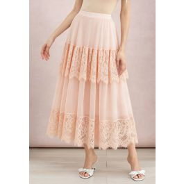 Tiered Lace Panel Mesh Tulle Maxi Skirt in Light Pink for Beach Weddings & Resort Getaways | Chicwish