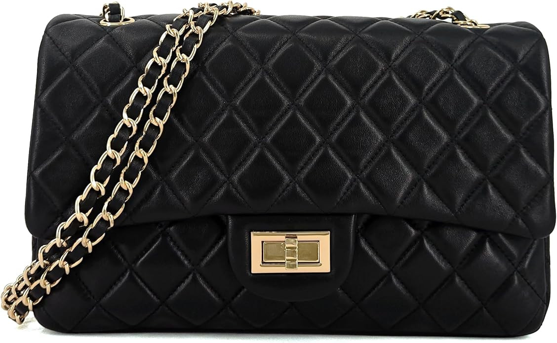 Quilted Lambskin Leather Crossbody Bag for Women, Classic Single Flap Shoulder Purse with Double ... | Amazon (US)