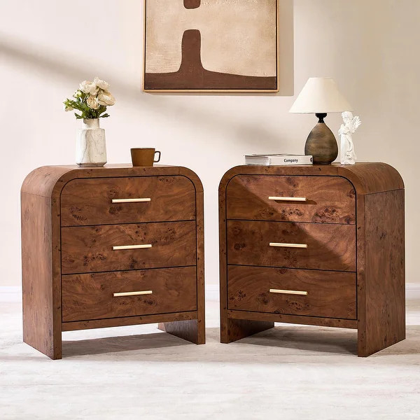 3-Drawer Nightstand with Large Rounded Corner Set of 2 - Dark Burl | Bed Bath & Beyond