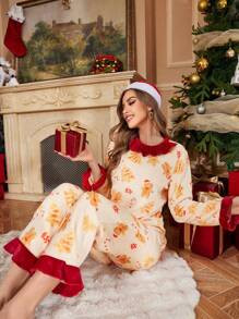 Women Cute Christmas Print Contrast Color Ruffle Trim Flannel Pajamas Set, Winter Clothes | SHEIN