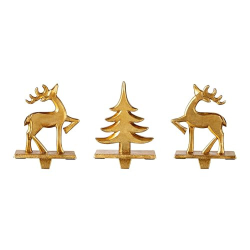 Glitzhome Polyresin Christmas Stocking Holders Set of 3 Golden Tree and Reindeer Mantel Decor with Non-Slip Metal Base for Holiday Fireplace Indoor Decoration | Amazon (US)