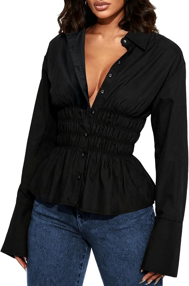 Amazon.com: Coloquin Women Long Sleeve Button Down Fitted Shirts Collared Cinched Waist Tops Offi... | Amazon (US)