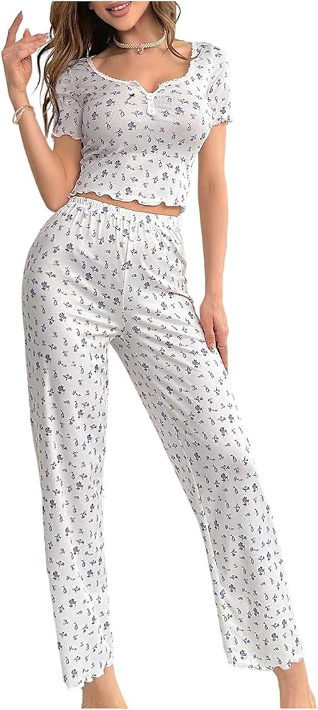 OYOANGLE Womens 2 Piece Cute Pajama Set Short Sleeve Floral Print Lace Splicing Sleepwear | Amazon (US)