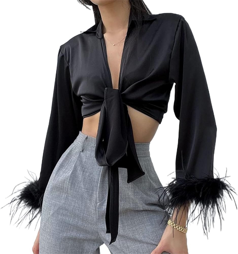 Women Long Sleeve Tie Front Blouse Cardigan Satin V Neck Vintage Feather Sleeve Crop Top Shirt Ha... | Amazon (US)