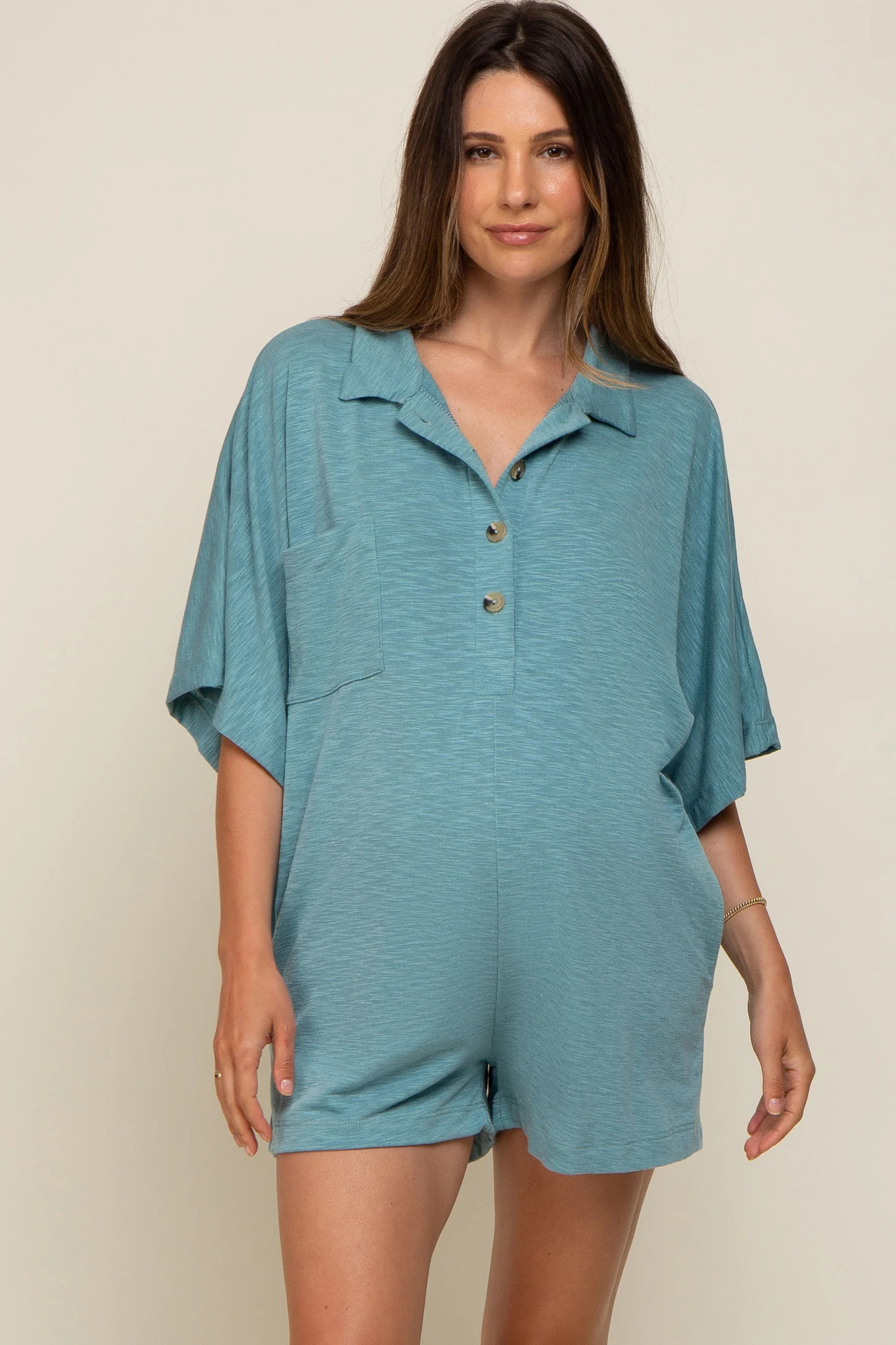 Teal Heathered Front Button Maternity Romper | PinkBlush Maternity