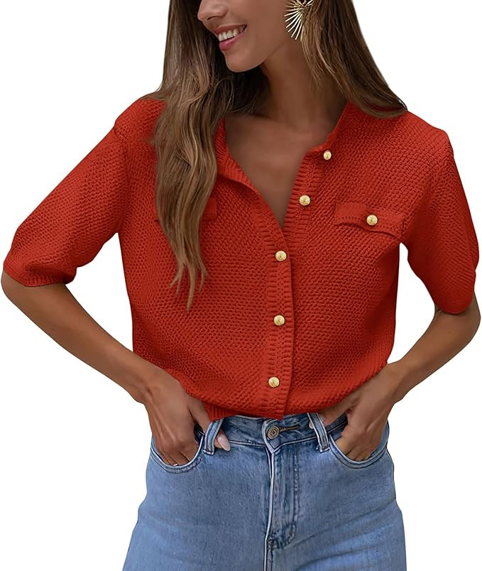 PRETTYGARDEN Women's Summer Button Down Shirts Casual Short Sleeve Crew Neck Ribbed Knit Blouse T... | Amazon (US)