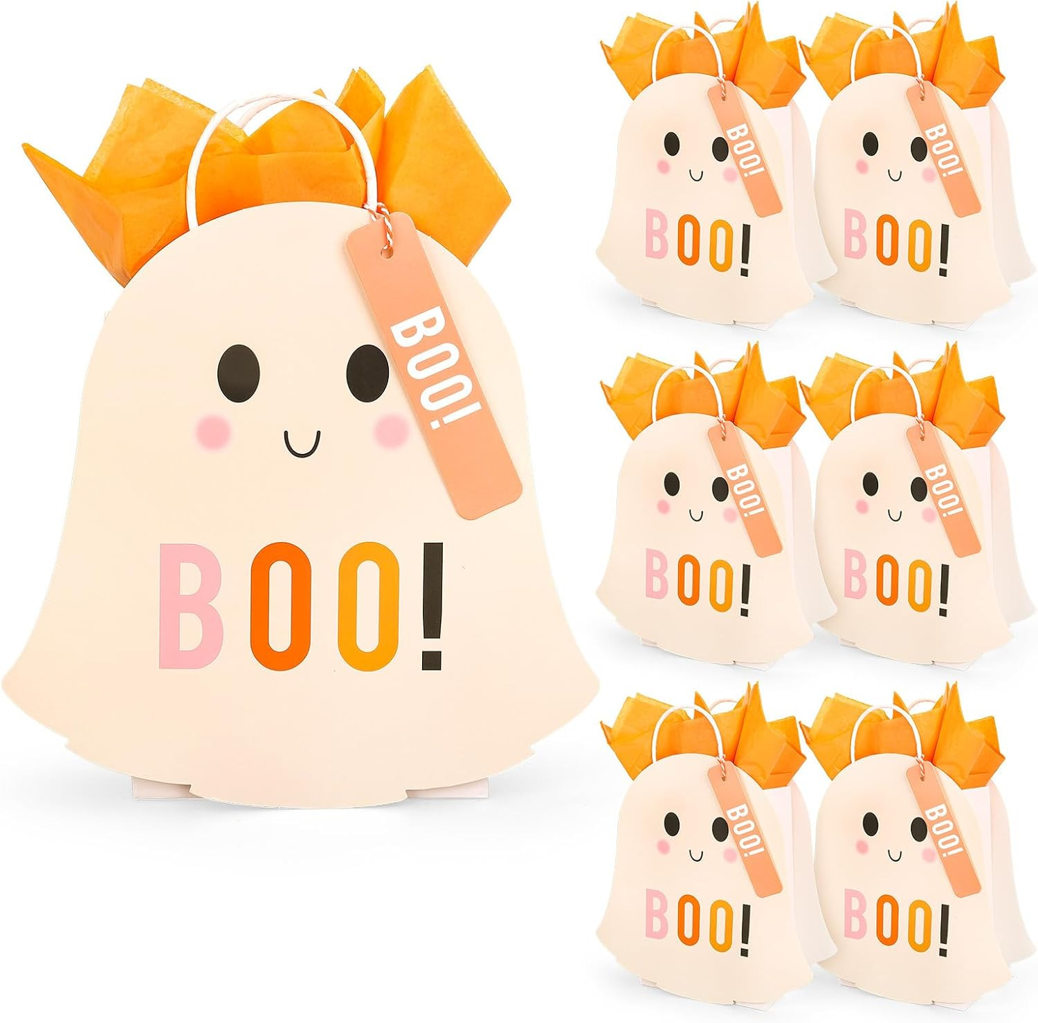 JarThenaAMCS 16 Pcs Halloween Ghost Paper Gift Bags with 20 Sheets Orange Tissue Paper Cute Ghost Boo Favor Candy Goodie Treat Bag with Handles and Tags for Trick or Treat Holiday Birthday Party | Amazon (US)