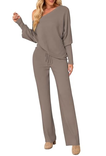 Fixmatti Womens Knitted Outfits 2 Pieces Sweatsuit Off the Shoulder Sweater Wide Leg Pant Set | Amazon (US)
