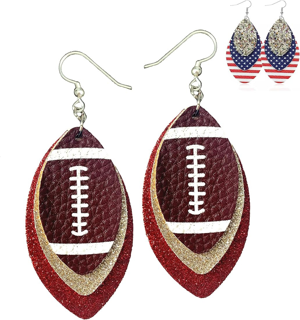 Football Earrings for Women - Glitter Leather Earrings Dangles - 3-Layered Faux Leather Big State... | Amazon (US)