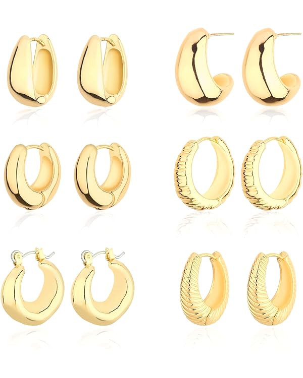 Wgoud Chunky Hoop Earrings Set 14K Gold Hoop Earrings for Women Hypoallergenic, Thick Hoops Earri... | Amazon (US)