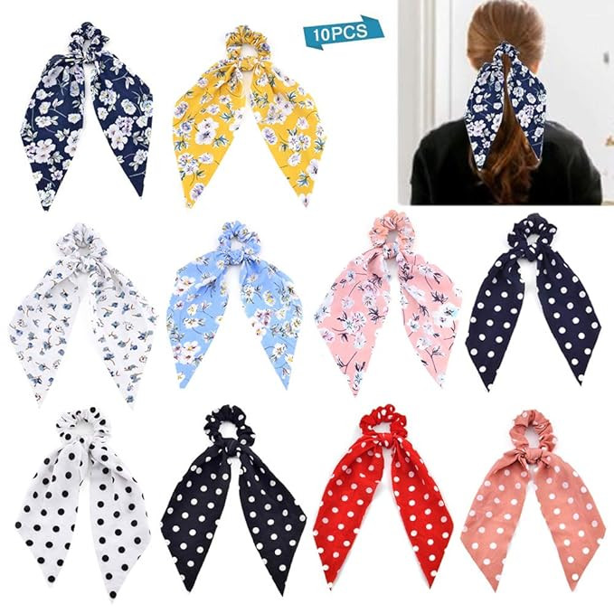 10 Pcs Chiffon Hair Scrunchies Elastic Hair Bands Hair Scarf Floral Hair Ties 2 in 1 Vintage Pony... | Amazon (US)
