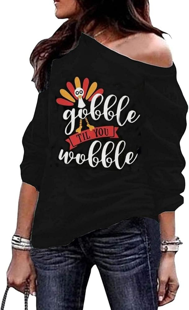 Decogiver Women's Off Shoulder Thanksgiving Printed Long Sleeve Fall Thankful Blessed Sweatshirt | Amazon (US)