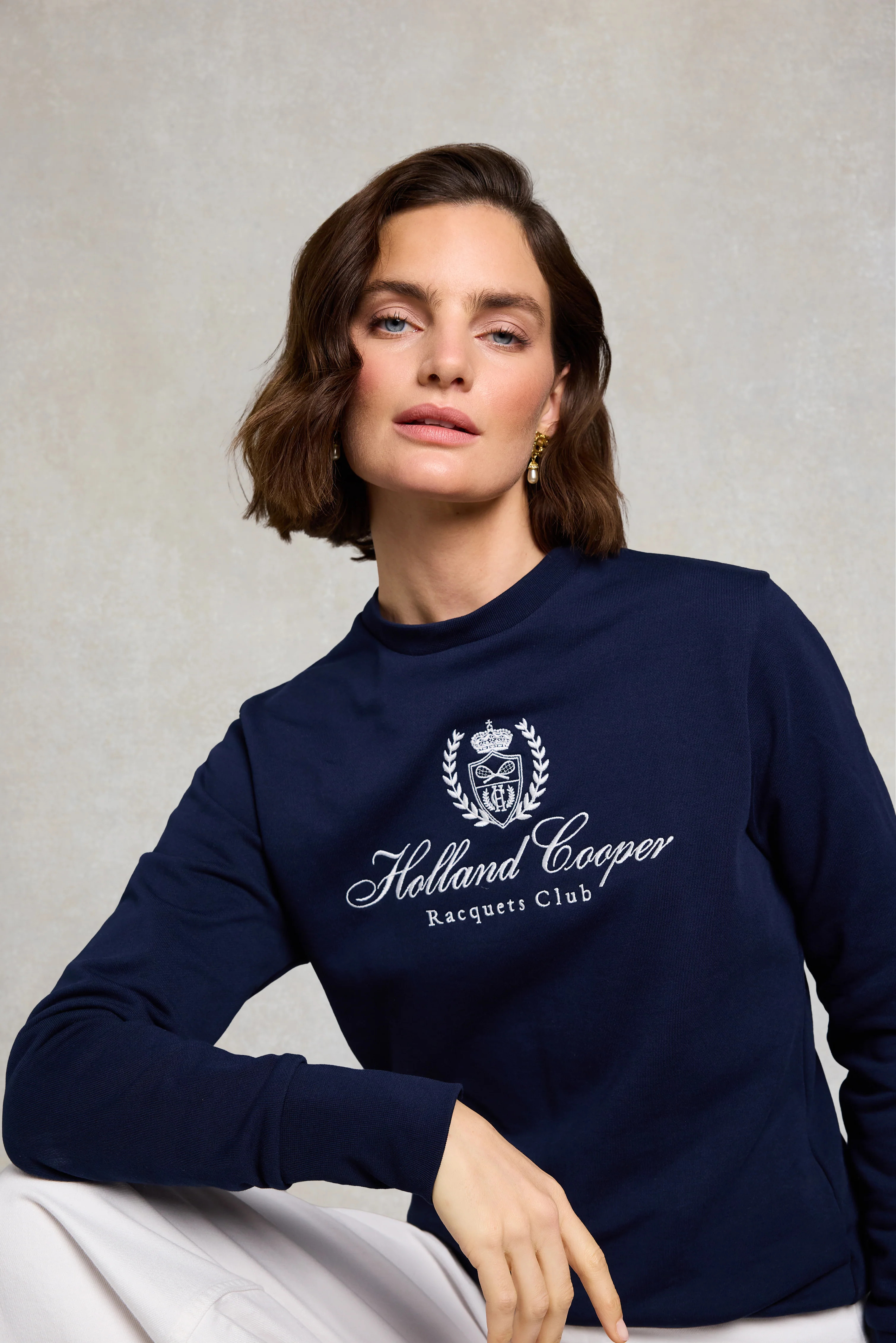Mock Collar Crew Neck Sweat (Navy) | Holland Cooper