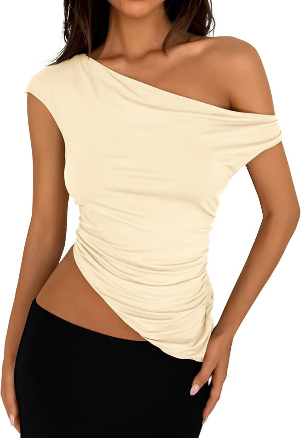 PRETTYGARDEN Womens Off The Shoulder Tops 2025 Summer Sleeveless One Shoulder Ruched Asymmetrical... | Amazon (US)
