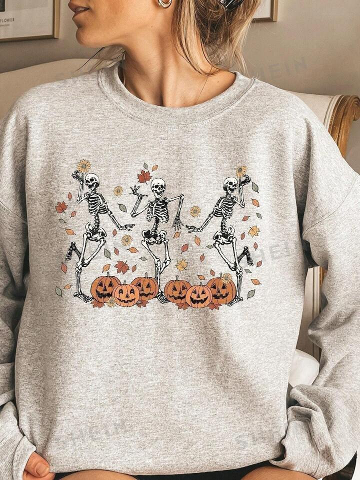 SHEIN EZwear Women's Spring And Autumn Pumpkin Skull Print Round Neck Drop Shoulder Long Sleeve C... | SHEIN