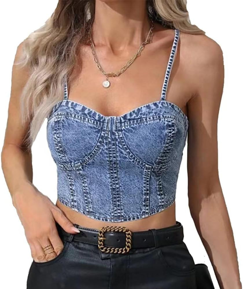 Kvor Women Vest Chic Shoulder Lady Corset Tube Top Sexy Jeans Camisole Top Denim Crop Top | Amazon (US)