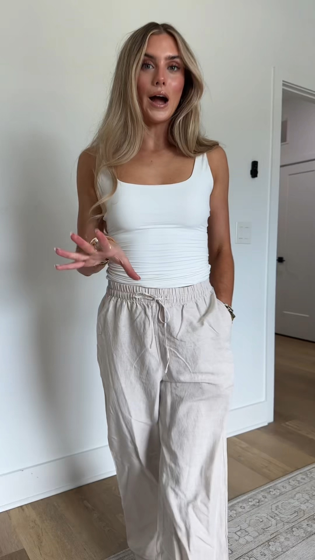 @hm size xs Loose-fit pants in an airy, woven linen blend. High waist, elasticized waistband with narrow drawstring, and discreet side pockets. Straight legs.

#LTKootd #LTKSeasonal #LTKSaleAlert
