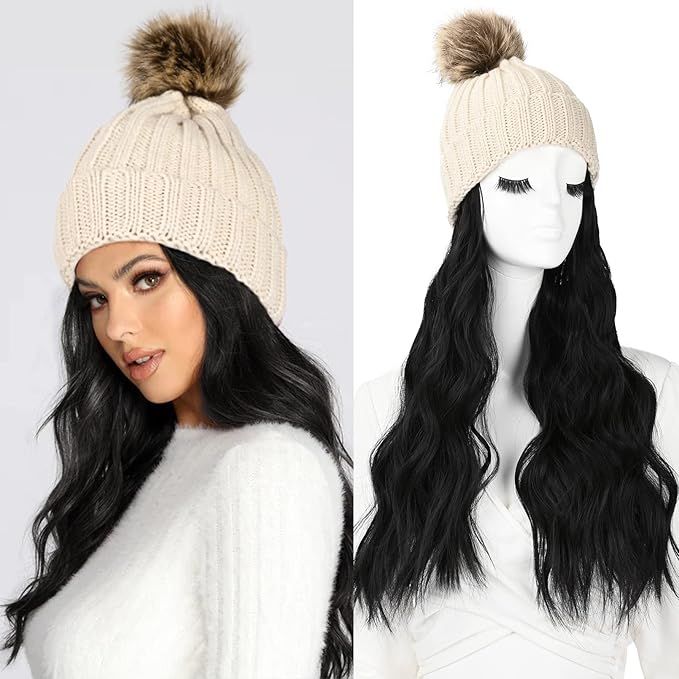 LONAI Beanie Hat Wig,Knit Hat with Hair for Women, Beige Knit Hat Wig with 18" Black Long Wavy Ha... | Amazon (US)