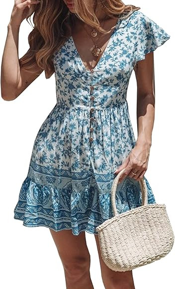 R.Vivimos Women's Short Sleeve Floral Print V Neck Cotton Tunic Dress | Amazon (CA)