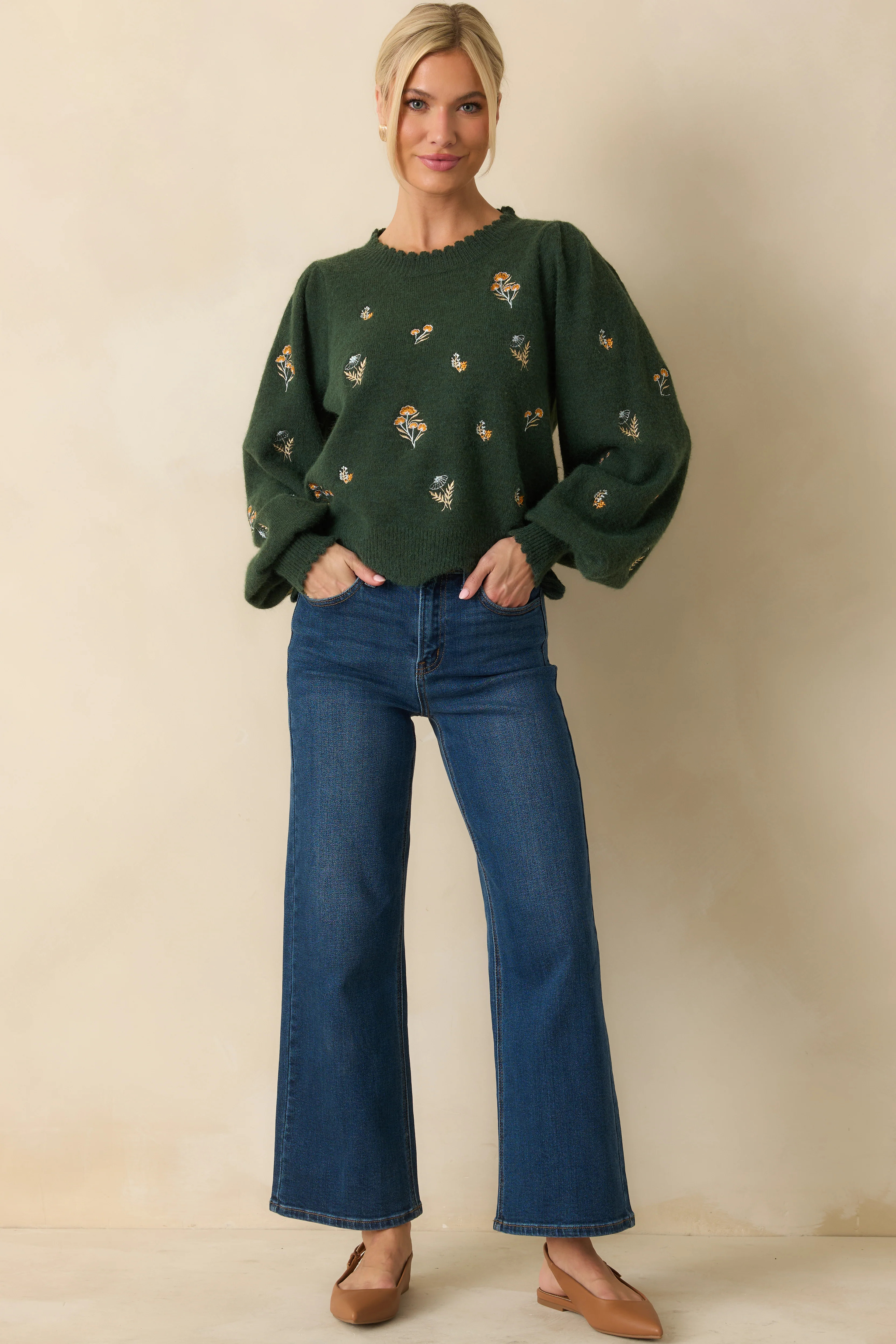Say It With Flowers Hunter Green Floral Embroidered Knit Sweater | Red Dress
