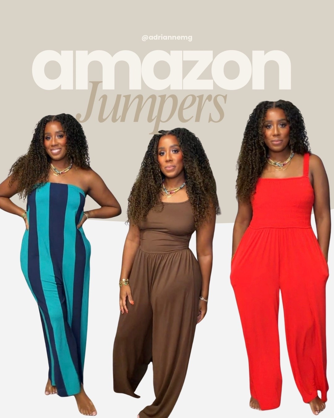 Three Amazon jumpers, three easy one-and-done looks! ❤️ The red is perfect for brunch or vacation, the striped jumper is made for summer outings, and the chocolate brown can take you from work to date night. Comfortable, flattering, and so easy to dress up with your favorite accessories!

SIZING REFERENCE: 5’5”, 165 lbs, size 10.

#AmazonFashion #AmazonFinds #JumpsuitStyle #FashionOver40 #SummerOutfits

#LTKootd #LTKOver40 #LTKMidsize