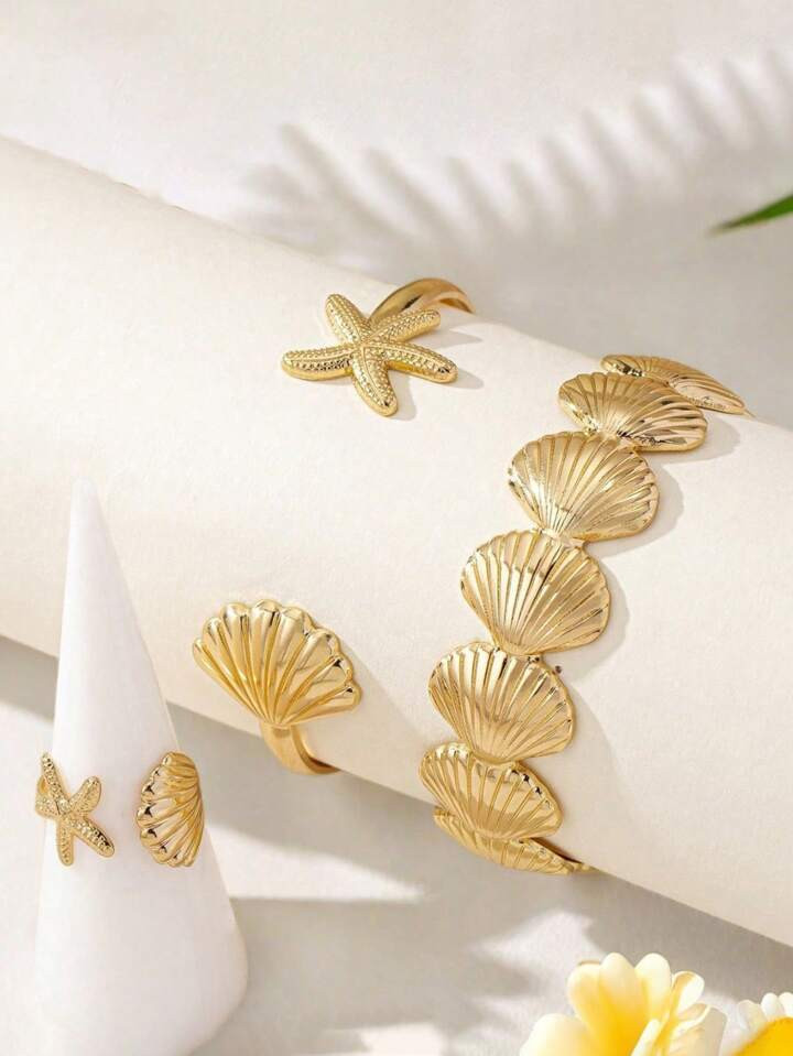 3pcs/Set Premium Western Style Jewelry Set For Women, Featuring Seashell & Starfish Bohemian Beach Accessories Bracelet, Ring, Summer, Beach, Street, Party | SHEIN